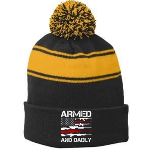 Armed And Dadly Usa Patriotic Fathers Day Stripe Pom Pom Beanie