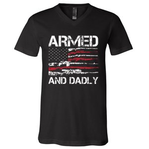 Armed And Dadly Funny Deadly Father For Fathers Day USA Flag V-Neck T-Shirt