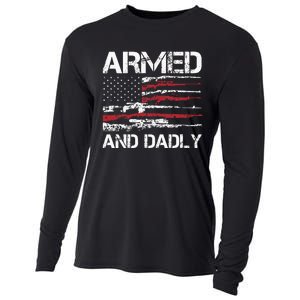 Armed And Dadly Funny Deadly Father For Fathers Day USA Flag Cooling Performance Long Sleeve Crew