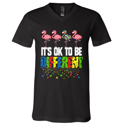 Autism Awareness Day Flamingo Gift It's Ok To Be Different V-Neck T-Shirt