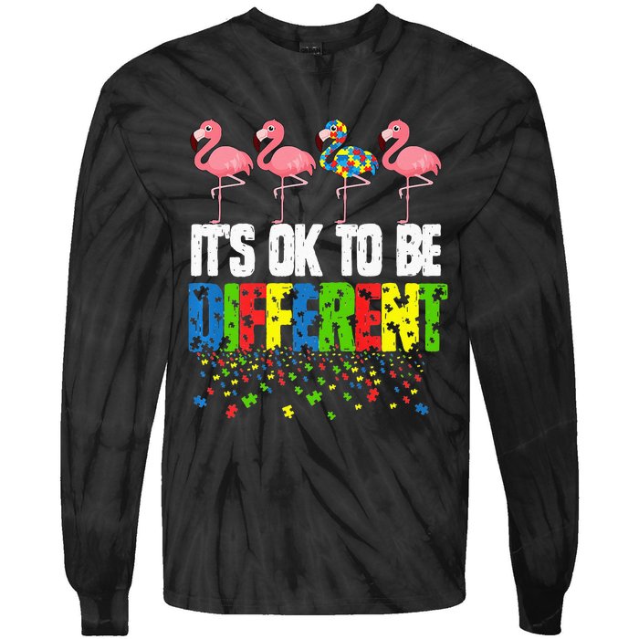 Autism Awareness Day Flamingo Gift It's Ok To Be Different Tie-Dye Long Sleeve Shirt