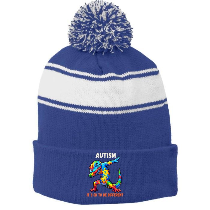 Autism Awareness Dabbing Gecko Cool Gift Stripe Pom Pom Beanie