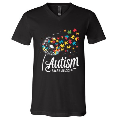 Autism Awareness Dandelion Puzzle Autism V-Neck T-Shirt