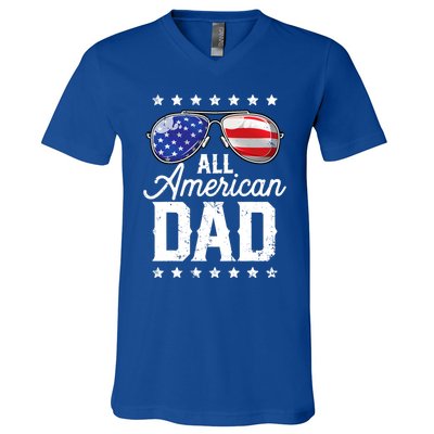 All American Dad 4th Of July Fathers Day Sunglasses Family Gift V-Neck T-Shirt