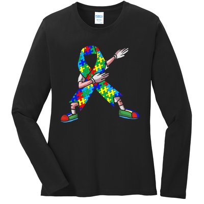 Autism Awareness Dabbing Puzzle Piece Love Dab Dance Ladies Long Sleeve Shirt