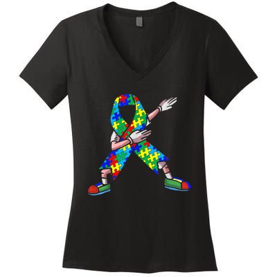 Autism Awareness Dabbing Puzzle Piece Love Dab Dance Women's V-Neck T-Shirt