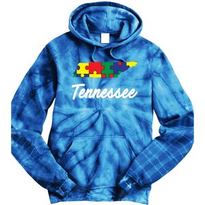 Autism Awareness Day Tennessee Puzzle Pieces Gift Cool Gift Tie Dye Hoodie