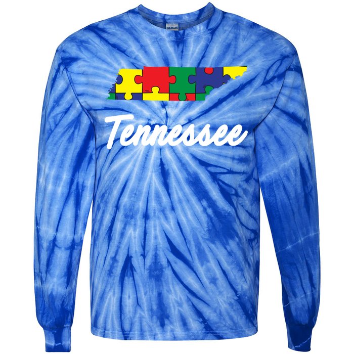 Autism Awareness Day Tennessee Puzzle Pieces Gift Cool Gift Tie-Dye Long Sleeve Shirt