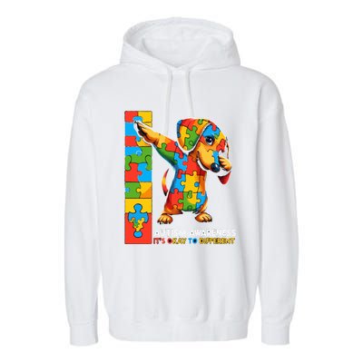 Autism Awareness Dabbing Dachshund Funny Gift Garment-Dyed Fleece Hoodie