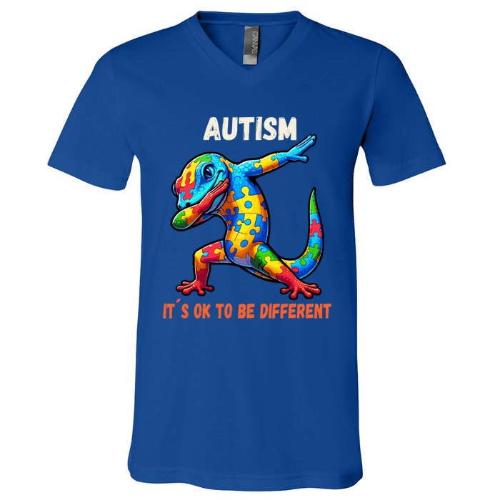 Autism Awareness Dabbing Gecko Funny Gift V-Neck T-Shirt