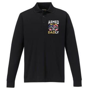 Armed And Dadly Funny Deadly Father USA flag Fathers Day Performance Long Sleeve Polo