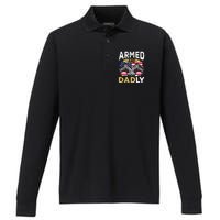 Armed And Dadly Funny Deadly Father USA flag Fathers Day Performance Long Sleeve Polo