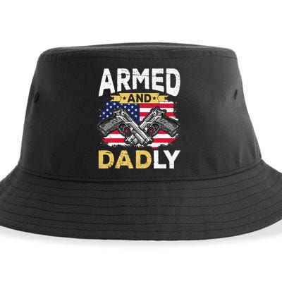 Armed And Dadly Funny Deadly Father USA flag Fathers Day Sustainable Bucket Hat