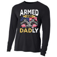 Armed And Dadly Funny Deadly Father USA flag Fathers Day Cooling Performance Long Sleeve Crew