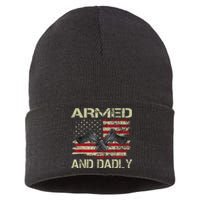 Armed And Dadly Funny Deadly Father For Father's Day Sustainable Knit Beanie