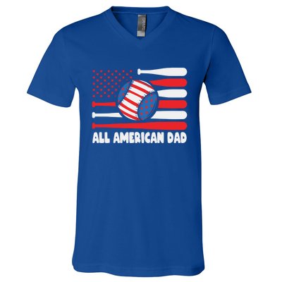 All American Dad Baseball Us Flag Great Gift V-Neck T-Shirt