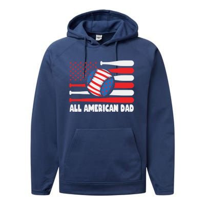 All American Dad Baseball Us Flag Great Gift Performance Fleece Hoodie