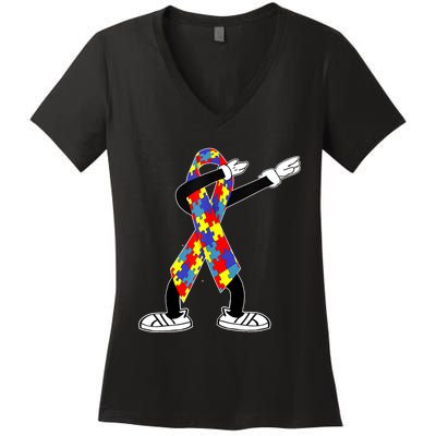 Autism Awareness Dabbing Puzzle Piece Love Dab Dance Women's V-Neck T-Shirt