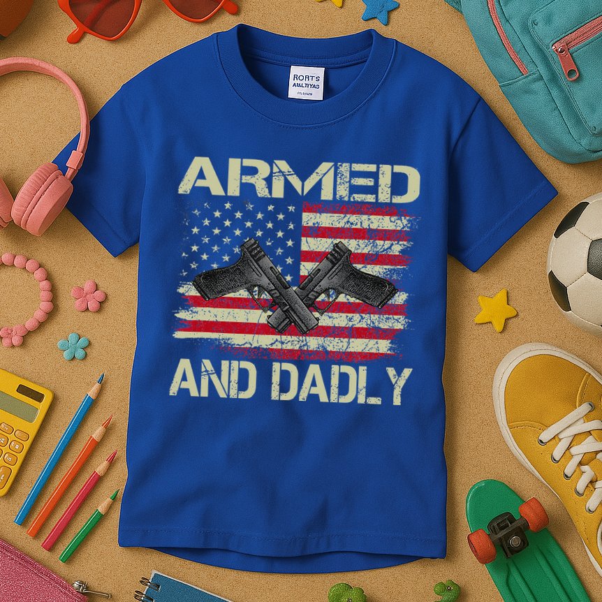 Armed And Dadly Funny Deadly Father For Father's Day Kids T-Shirt