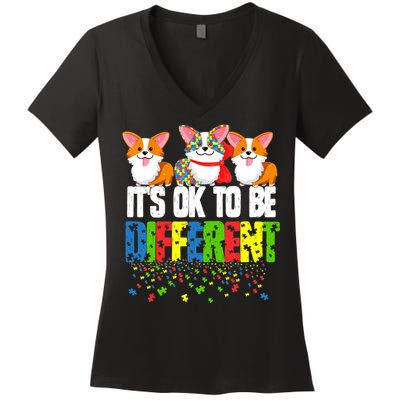 Autism Awareness Day Corgi, It's Ok To Be Different Women's V-Neck T-Shirt