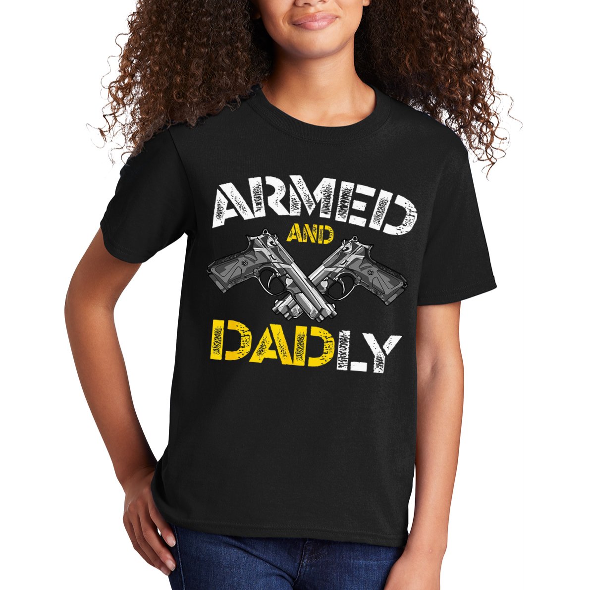 Armed And Dadly Funny Armed And Deadly Dad Fathers Day Kids T-Shirt