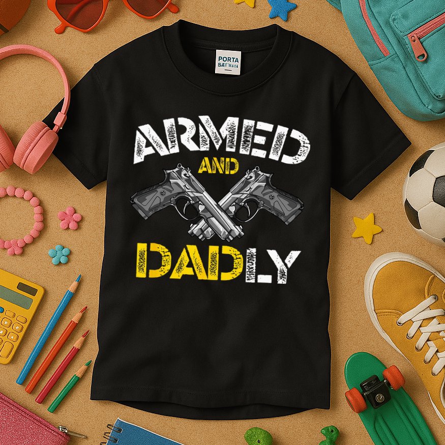 Armed And Dadly Funny Armed And Deadly Dad Fathers Day Kids T-Shirt