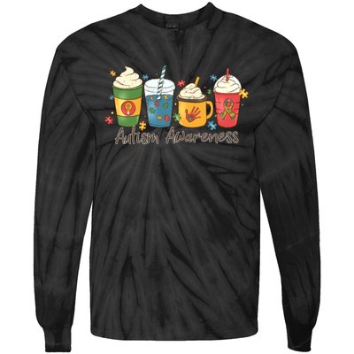 Autism Awareness Day Coffee Cups Tie-Dye Long Sleeve Shirt