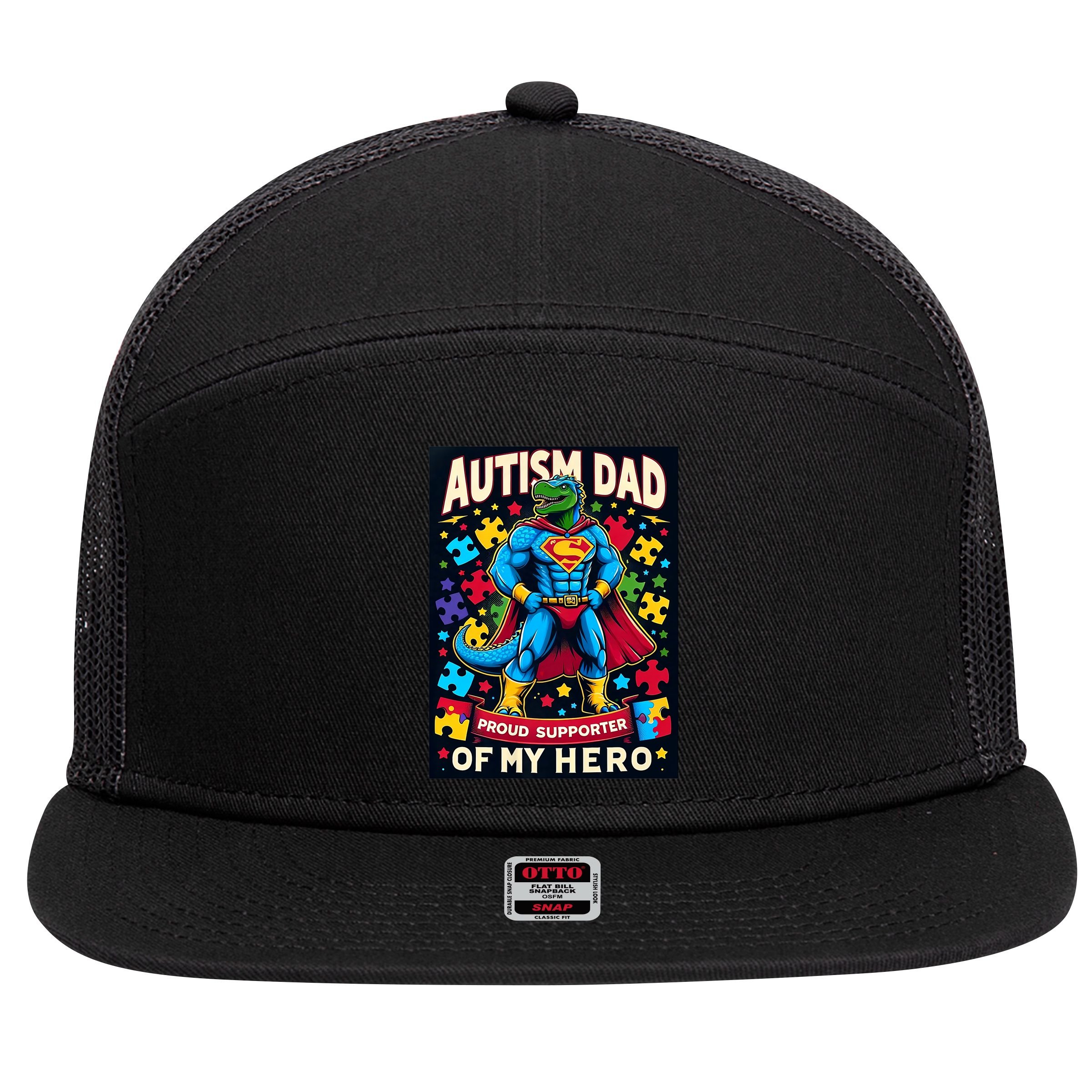 Autism Awareness Dad Father Dinosaur Funny Proud Autism Dad 7 Panel Mesh Trucker Snapback Hat