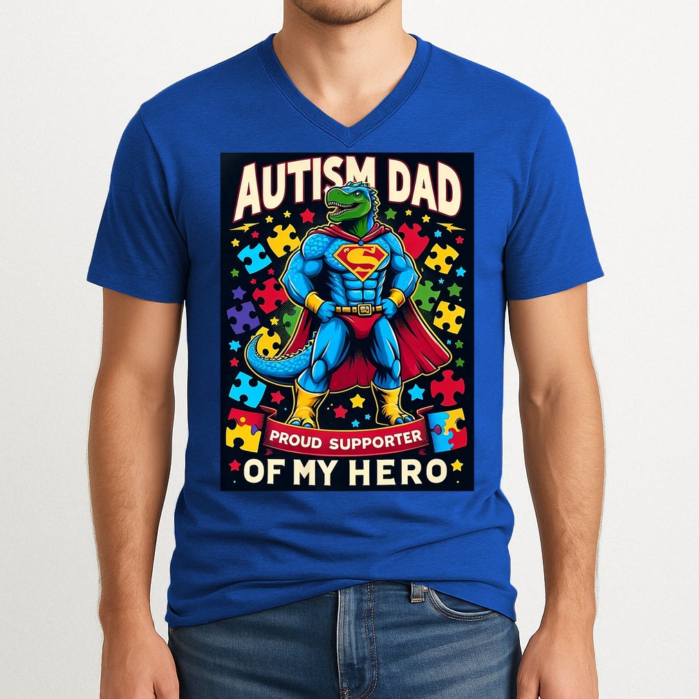 Autism Awareness Dad Father Dinosaur Funny Proud Autism Dad V-Neck T-Shirt