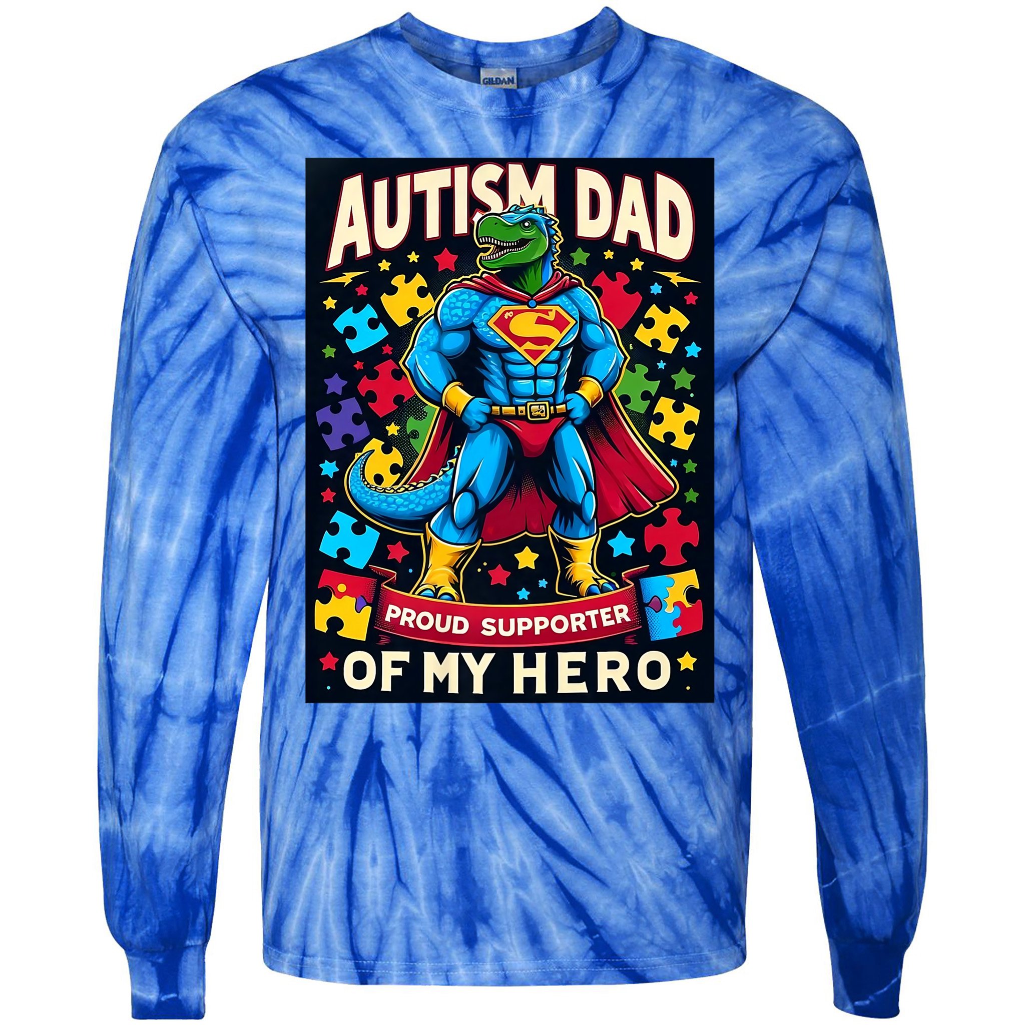 Autism Awareness Dad Father Dinosaur Funny Proud Autism Dad Tie-Dye Long Sleeve Shirt