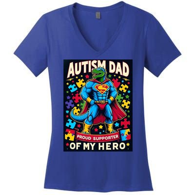 Autism Awareness Dad Father Dinosaur Funny Proud Autism Dad Women's V-Neck T-Shirt