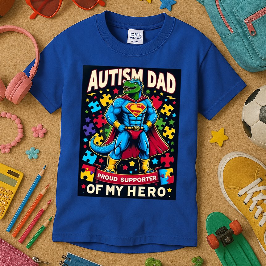 Autism Awareness Dad Father Dinosaur Funny Proud Autism Dad Kids T-Shirt