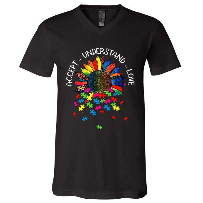 Autism Awareness Daisy Flower Accept Understand Love V-Neck T-Shirt