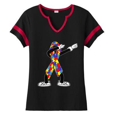 Autism Awareness Dabbing Puzzle Piece Love Dab Dance Ladies Halftime Notch Neck Tee