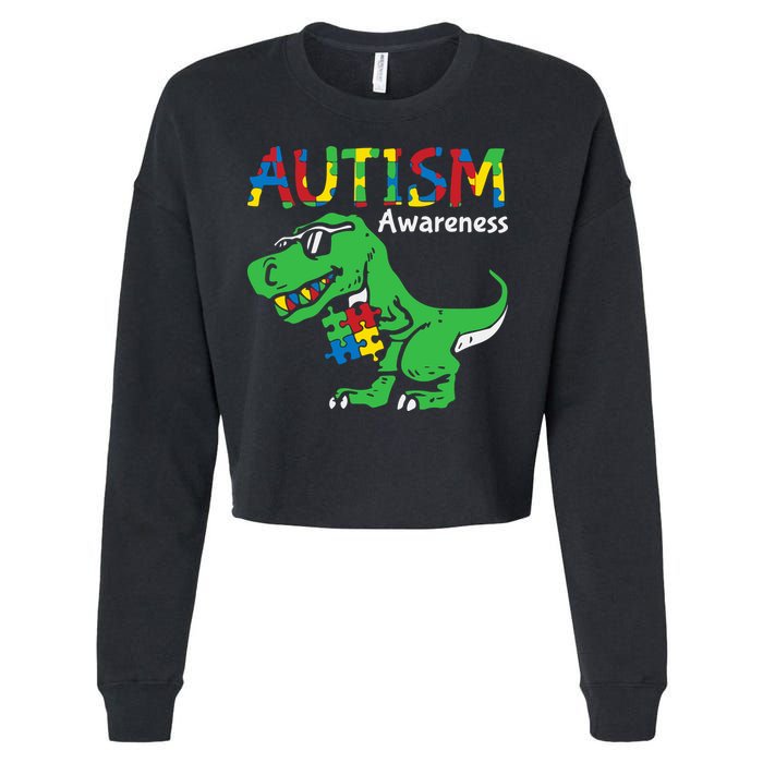 Autism Awareness Dinosaur Autism Heart Puzzle Cropped Pullover Crew