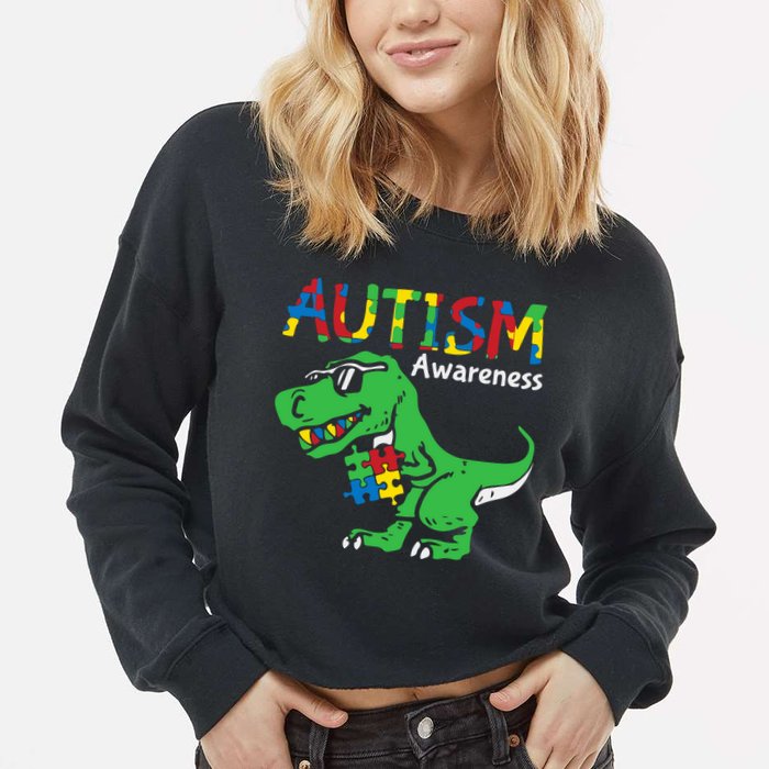 Autism Awareness Dinosaur Autism Heart Puzzle Cropped Pullover Crew