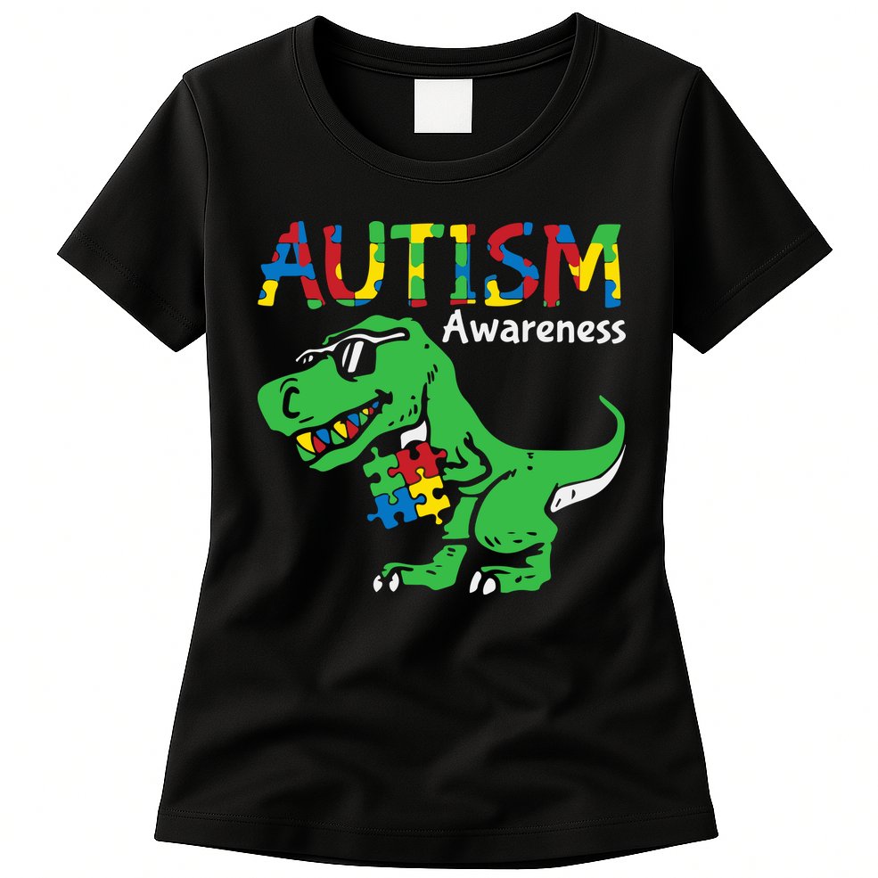 Autism Awareness Dinosaur Autism Heart Puzzle Womens T-Shirt