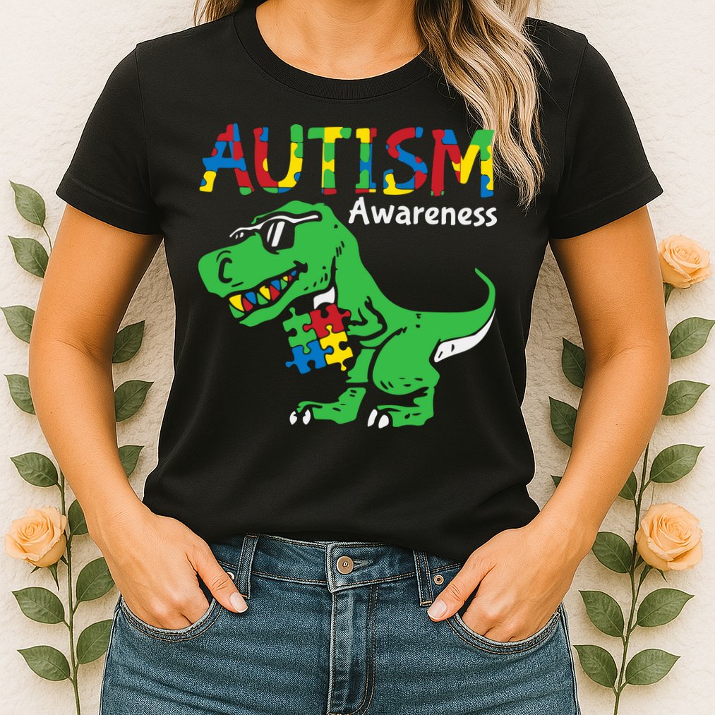 Autism Awareness Dinosaur Autism Heart Puzzle Womens T-Shirt