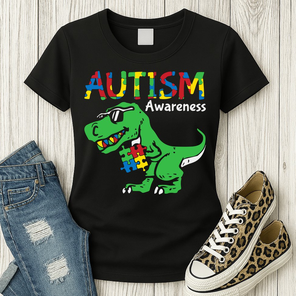 Autism Awareness Dinosaur Autism Heart Puzzle Womens T-Shirt