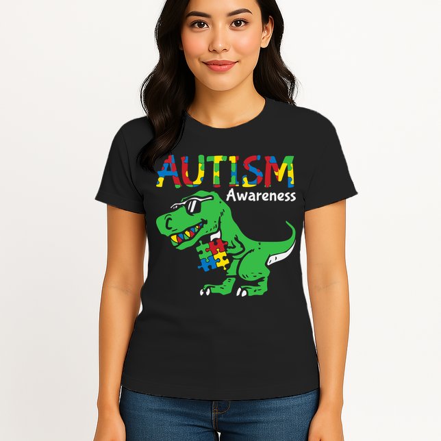 Autism Awareness Dinosaur Autism Heart Puzzle Womens T-Shirt