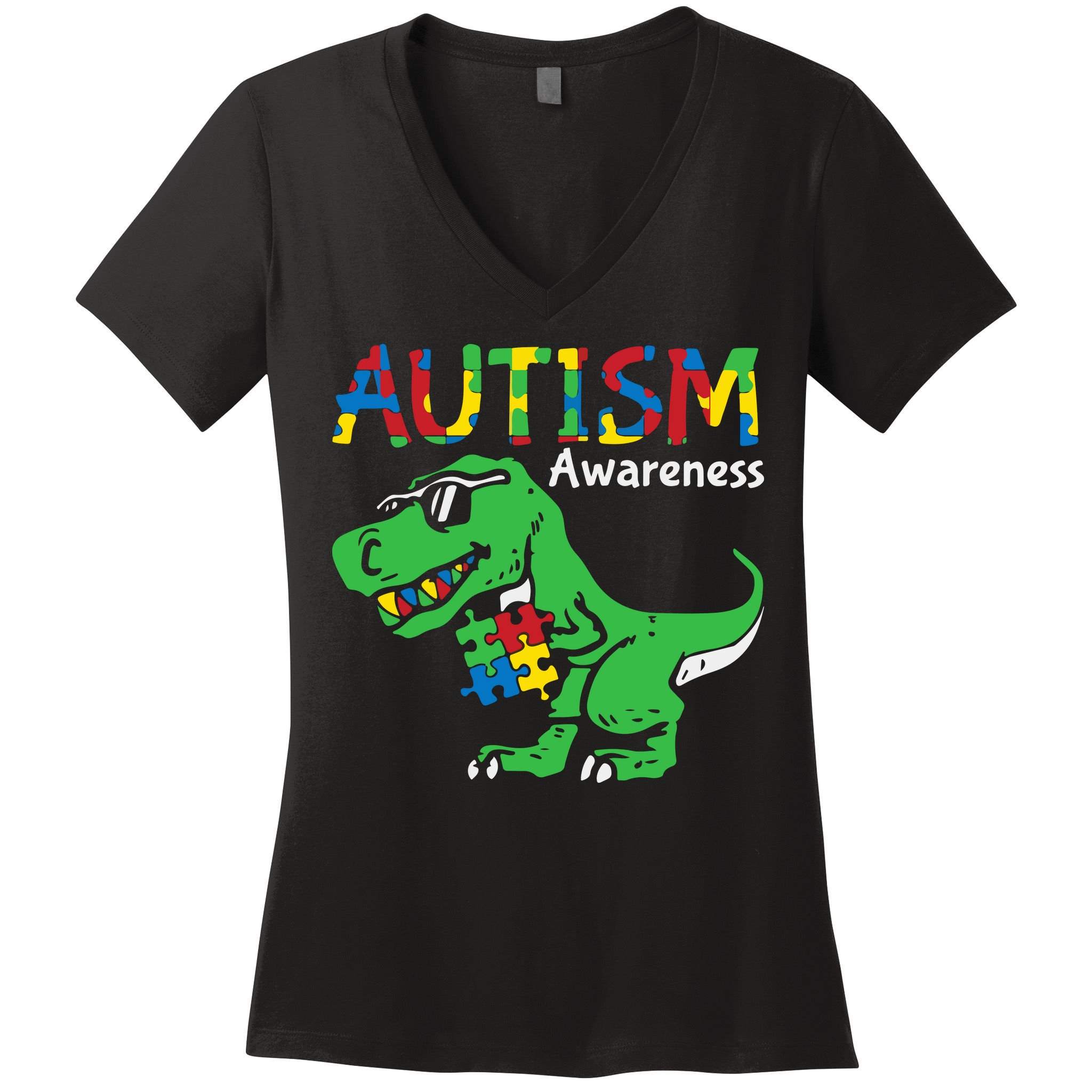 Autism Awareness Dinosaur Autism Heart Puzzle Women's V-Neck T-Shirt