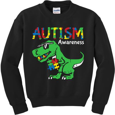 Autism Awareness Dinosaur Autism Heart Puzzle Kids Sweatshirt