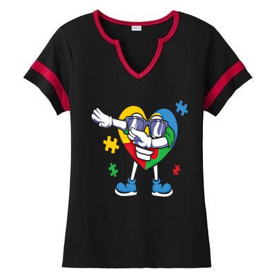 Autism Awareness Dabbing Puzzle Cool Gift Ladies Halftime Notch Neck Tee