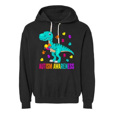 Autism Awareness Dinosaur Colorful Autism Puzzle Pieces Garment-Dyed Fleece Hoodie