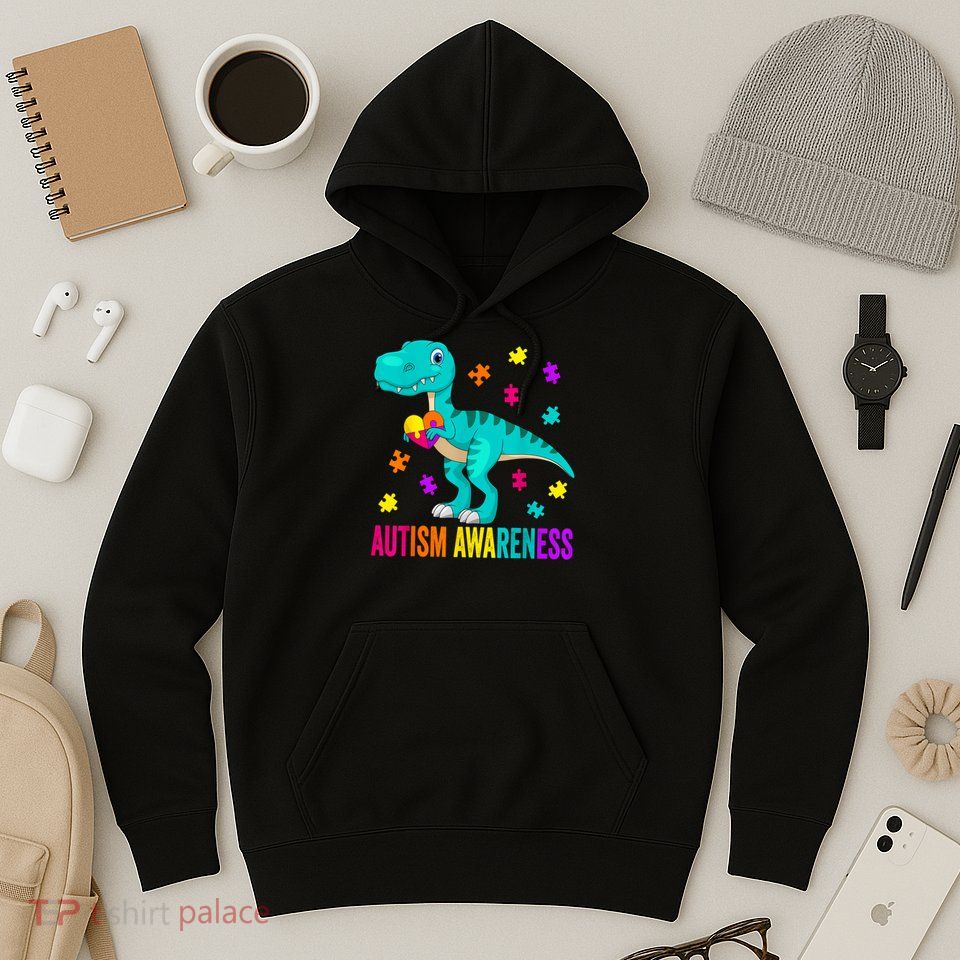 Autism Awareness Dinosaur Colorful Autism Puzzle Pieces Hoodie