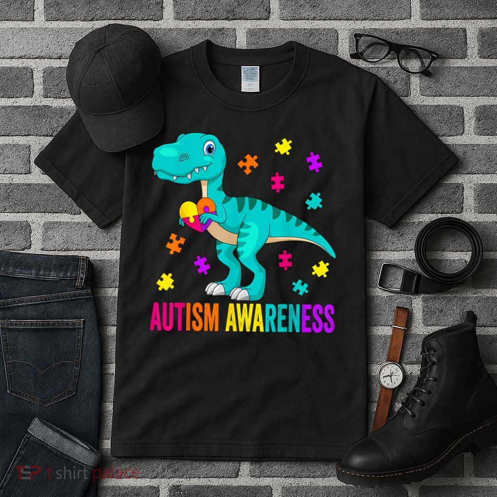 Autism Awareness Dinosaur Colorful Autism Puzzle Pieces Tall T-Shirt
