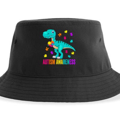 Autism Awareness Dinosaur Colorful Autism Puzzle Pieces Sustainable Bucket Hat