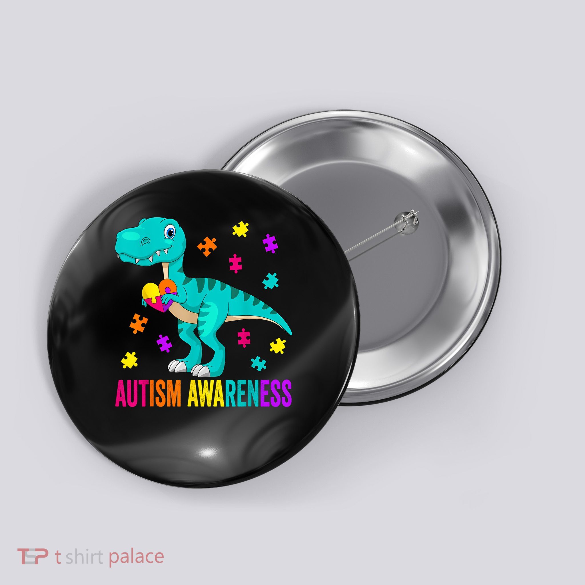 Autism Awareness Dinosaur Colorful Autism Puzzle Pieces Button