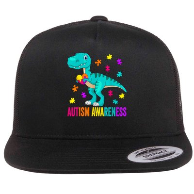 Autism Awareness Dinosaur Colorful Autism Puzzle Pieces Flatbill Hat