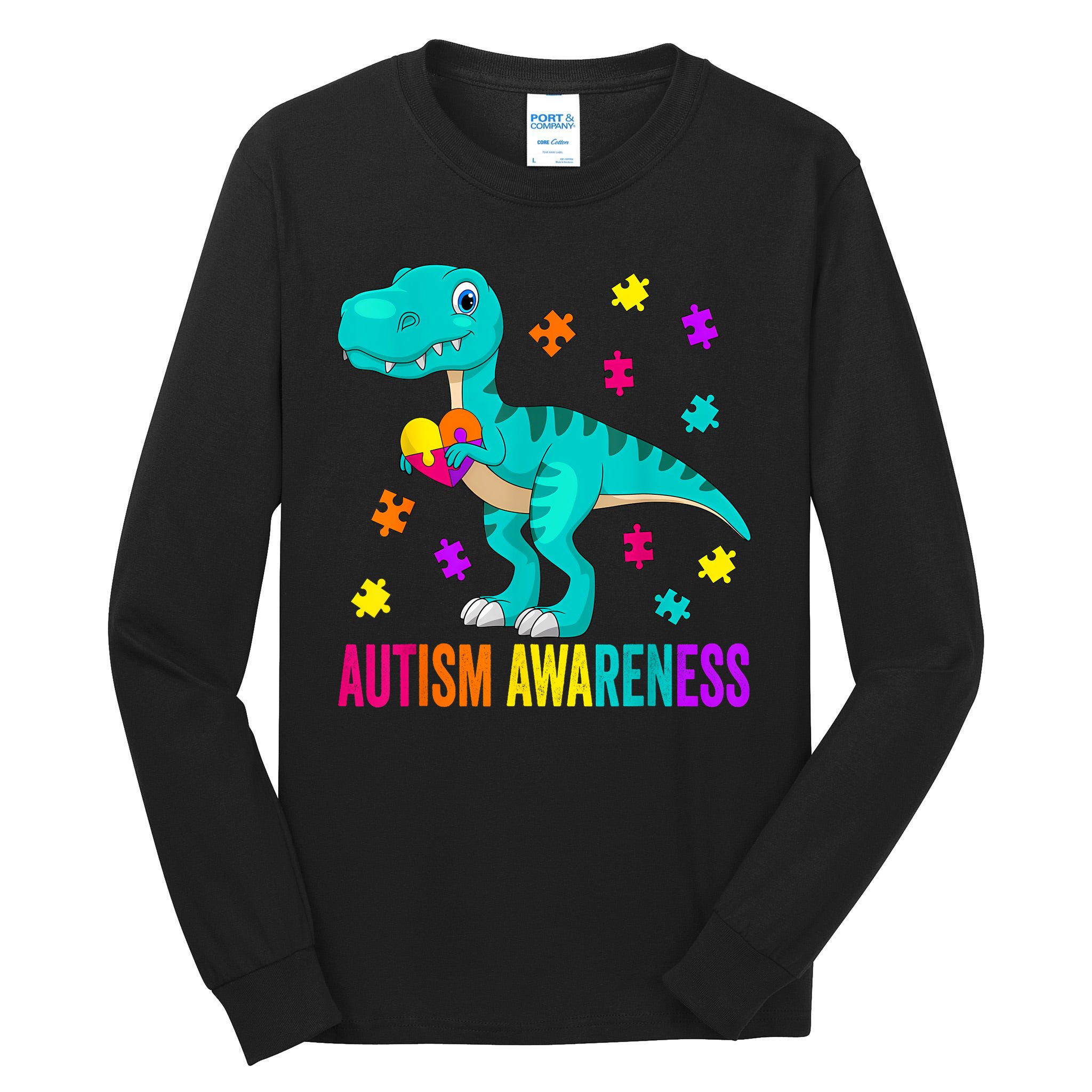 Autism Awareness Dinosaur Colorful Autism Puzzle Pieces Tall Long Sleeve T-Shirt